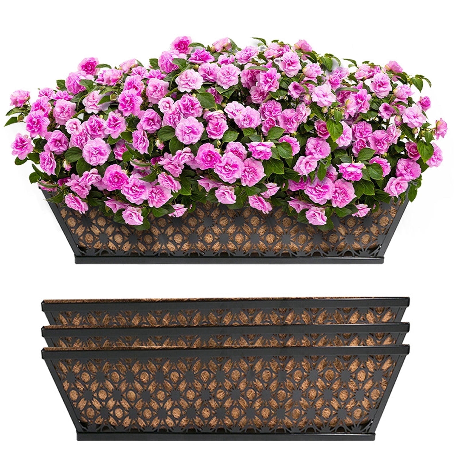 Balcony Planters Railing Hanging 24 Inch 4 Pack Window Boxes with Adjustable Bracket and Coco Liner for Porch, Fence, Patio Hanging Planters for Garden Outdoor