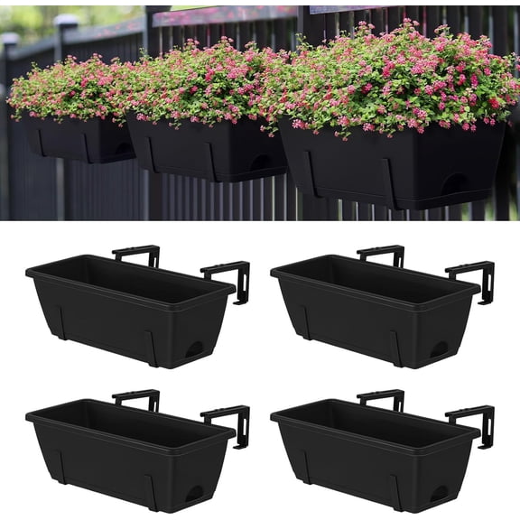 Balcony Planters Railing Hanging, Deck Railings Planter Boxes 16.9in, Railing Planter Box, Deck Planters for Railings, Railing Flower Box with Metal Brackets, Black (4Pcs)