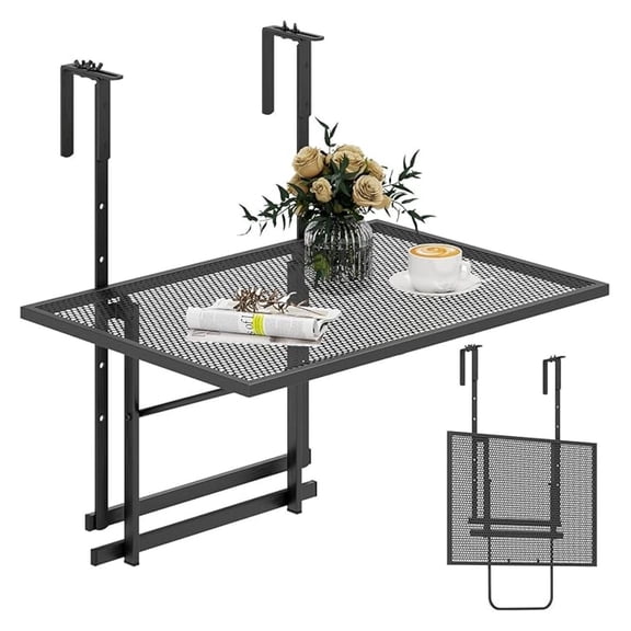 Balcony Railing Table, Outdoor Folding Hanging Table with 5 Adjustable Heights, Heavy Duty Metal Hanging Bar Table for Patio, Garden and Deck 24 inches (L) x 19 inches (W) x 24-32.5 inches (H) Black