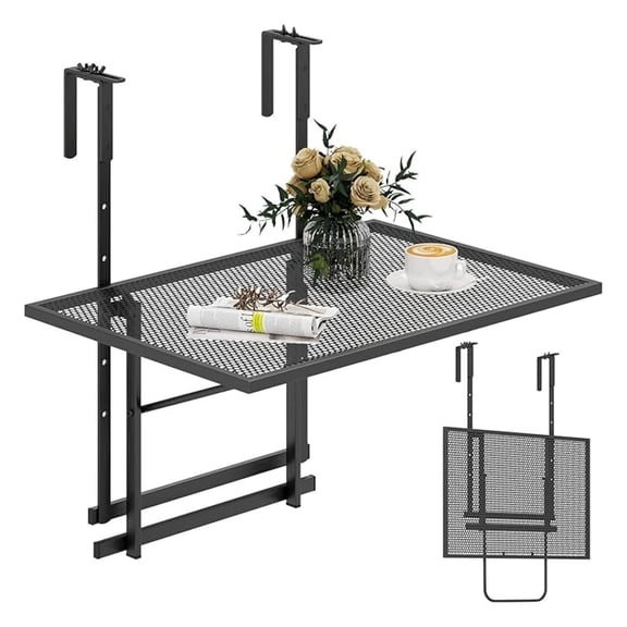 Balcony Railing Table, Outdoor Folding Hanging Table with 5 Adjustable Heights, Heavy Duty Metal Hanging Bar Table for Patio, Garden and Deck Rectangular