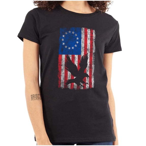 Bald Eagle American Colonies USA Flag Womens Slim Fit Graphic Tee Brisco Brands L
