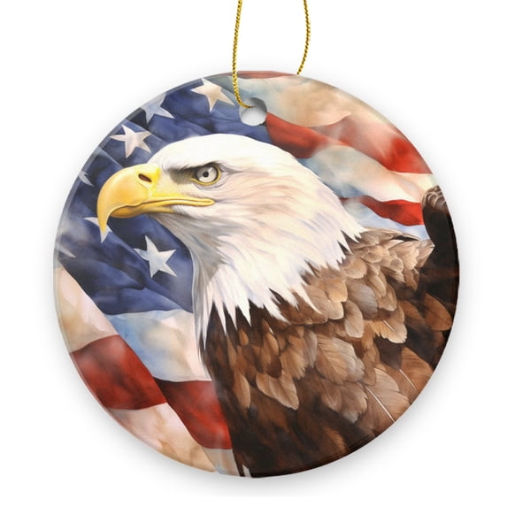 Bald Eagle With American Flag Background - Christmas Ornament Xmas Keepsake Ceramic Ornaments Holiday Decorations for Tree Christmas Gift Ideas 2.95in