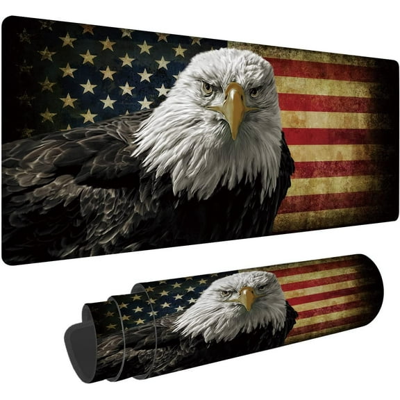 Bald Eagle on American Flag Gaming Mouse Pad Large Mouse Mat XL Desk Mat Extended Mouse Mat Non-Slip Laptop Computer Keyboard Mouse Pad for Office & Home 31.5x11.8 Inch