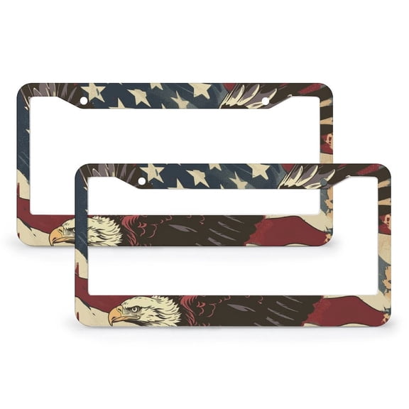 Bald Eagle American Flag License Plate Cover 2 Pack 4th of July Independence Memorial Day Patriotic License Plate Cover Frame for Women 2 Hole Aluminum Metal License Plate Frame