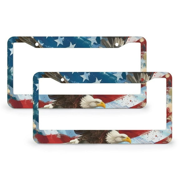 Bald Eagle American Flag License Plate Frames 2 Pack Memorial Day Patriotic Car Tags Frames Holder for Women 2 Round Holes Aluminum Metal License Plate Frame