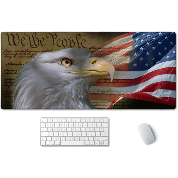 Bald Eagle on American Flag Mouse Pad 35.4 x 15.7 Inch XXL Full Desk Mousepad Extended Large Non-Slip Rubber Base Waterproof Big Keyboard Mat with Stitched Edges for Gaming and Office