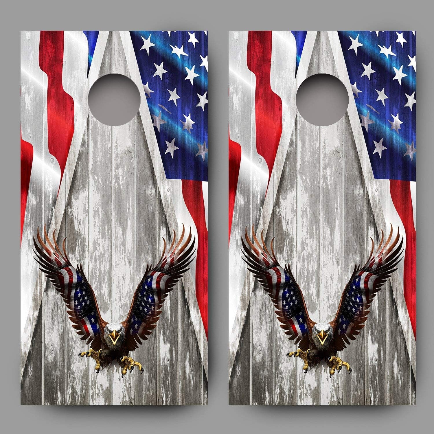 Bald Eagle American Flag Wings on Wood Grain Cornhole Decal Wraps
