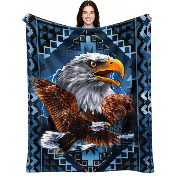 Bald Eagle Aztec Geometric Flannel Throw Blanket, Southwest Native‑American Style, Super‑Soft Cozy Warm Durable, Gift for Couch, Bed, Sofa, Camping, Eagle‑Wildlife Lovers