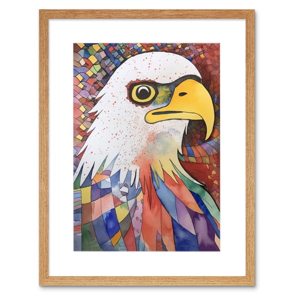 Bald Eagle Bird And Abstract Pattern Folk Art Watercolour Painting Artwork Framed Print Wall Art 9X7 Inch