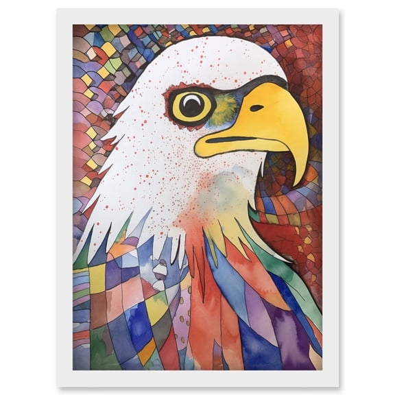 Bald Eagle Bird And Abstract Pattern Folk Art Watercolour Painting Artwork Framed Wall Art Print A4