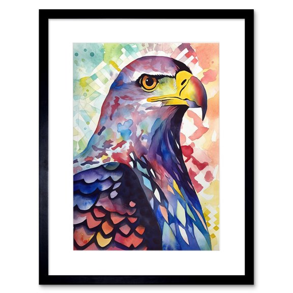 Bald Eagle Bird Folk Art Multicoloured Watercolour Painting Artwork Framed Print Wall Art 9X7 Inch