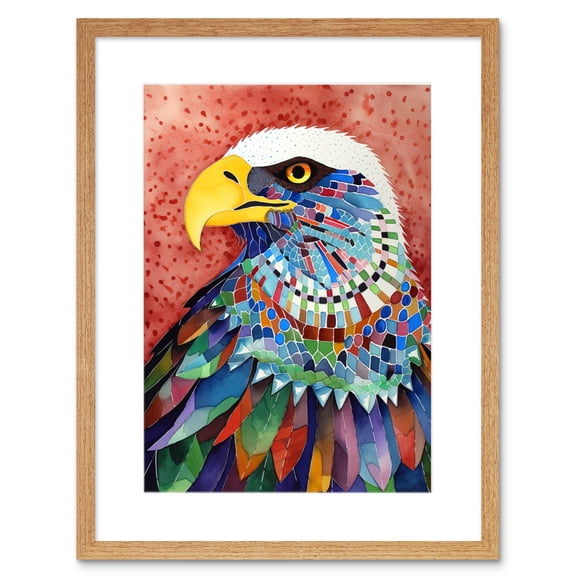 Bald Eagle Bird With Multicoloured Feathers Folk Art Watercolour Painting Artwork Framed Print Wall Art 9X7 Inch