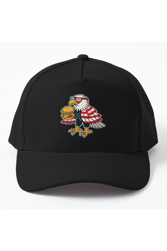 Bald Eagle Burger Baseball Hat, American Bird Cookout Character Graphic Design, Classic Cap