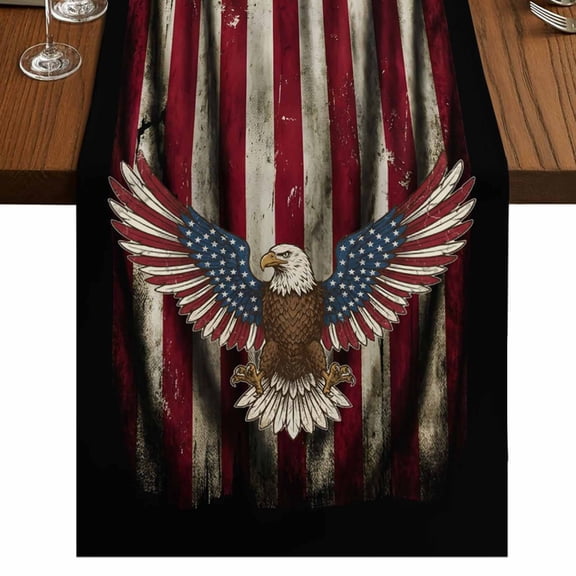 Bald Eagle Burlap Cotton Table Runner 13x48 Inches Long, American Flag 250 Memorial Day Rustic National Farmhouse Table Runners, Outdoor Dining Tablecloths Decor for Baby Shower/Party/Wedding