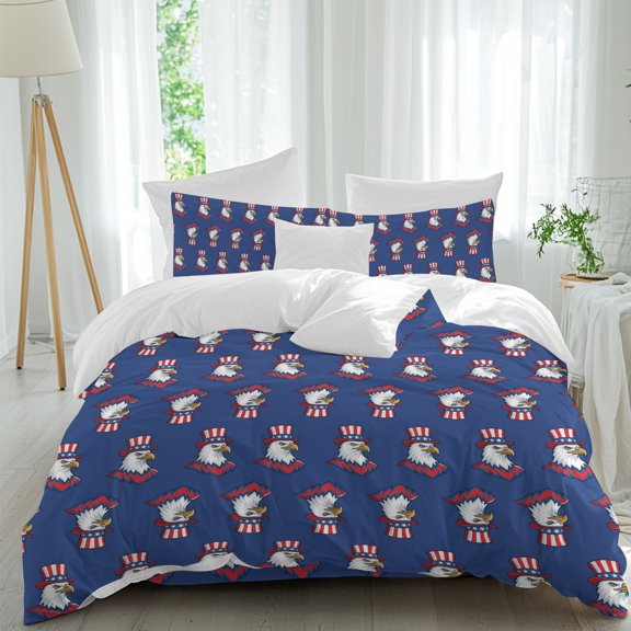 Bald Eagle California King Duvet Cover Set, 4th of July Patriotic Bird Blue Background 4 Piece Microfiber Bedding Set with Zipper Closure, Bed Sheet and 2 Pillow Shams, Soft Bedding Cover