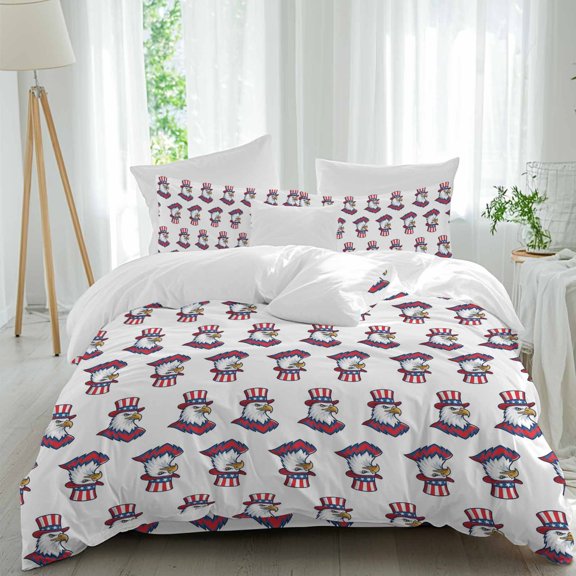 Bald Eagle California King Duvet Cover Set, 4th of July Patriotic Bird White Background 4 Piece Microfiber Bedding Set with Zipper Closure, Bed Sheet and 2 Pillow Shams, Soft Bedding Cover