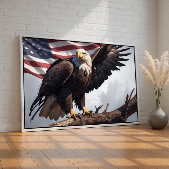 Bald Eagle Canvas And Poster | Patriotic American Flag Wildlife Art | Usa Wall Decor For Veterans, Military & Home Pride | Ready To Hang, Unframed Canvas Size 24x36