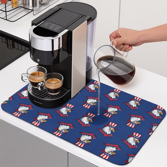 Bald Eagle Dish Drying Mats for Kitchen Counter, 4th of July Patriotic Bird Blue Background Absorbent Coffee Bar Mat with Non-slip Rubber Backed Quick Drying Dish Rack Pad 12"x16"