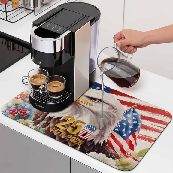 Bald Eagle Dish Drying Mats for Kitchen Counter, Patriotic USA Flag Flower Anniversary Absorbent Coffee Bar Mat with Non-slip Rubber Backed Quick Drying Dish Rack Pad 12"x16"