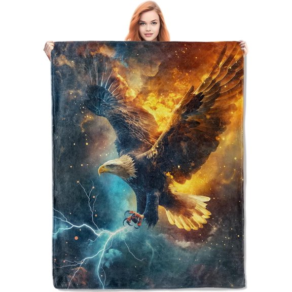 Bald Eagle Flannel Fleece Blanket for Bed Couch Sofa with Fire Lightning Galaxy Print Soft Warm Throw Blanket