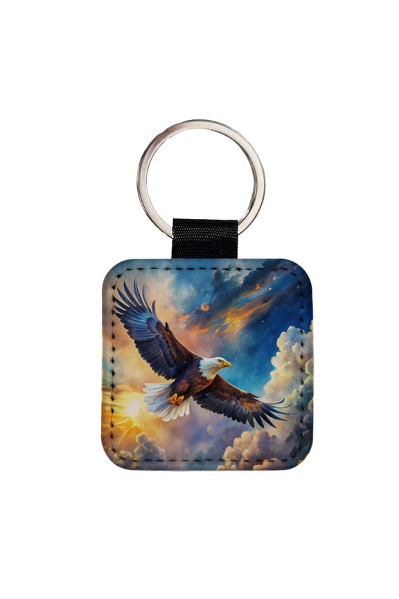 Bald Eagle Flying In Sky Clouds Watercolor Faux Leather Square Keychain