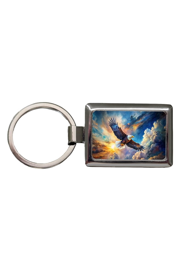 Bald Eagle Flying In Sky Clouds Watercolor Metal Rectangle Keychain