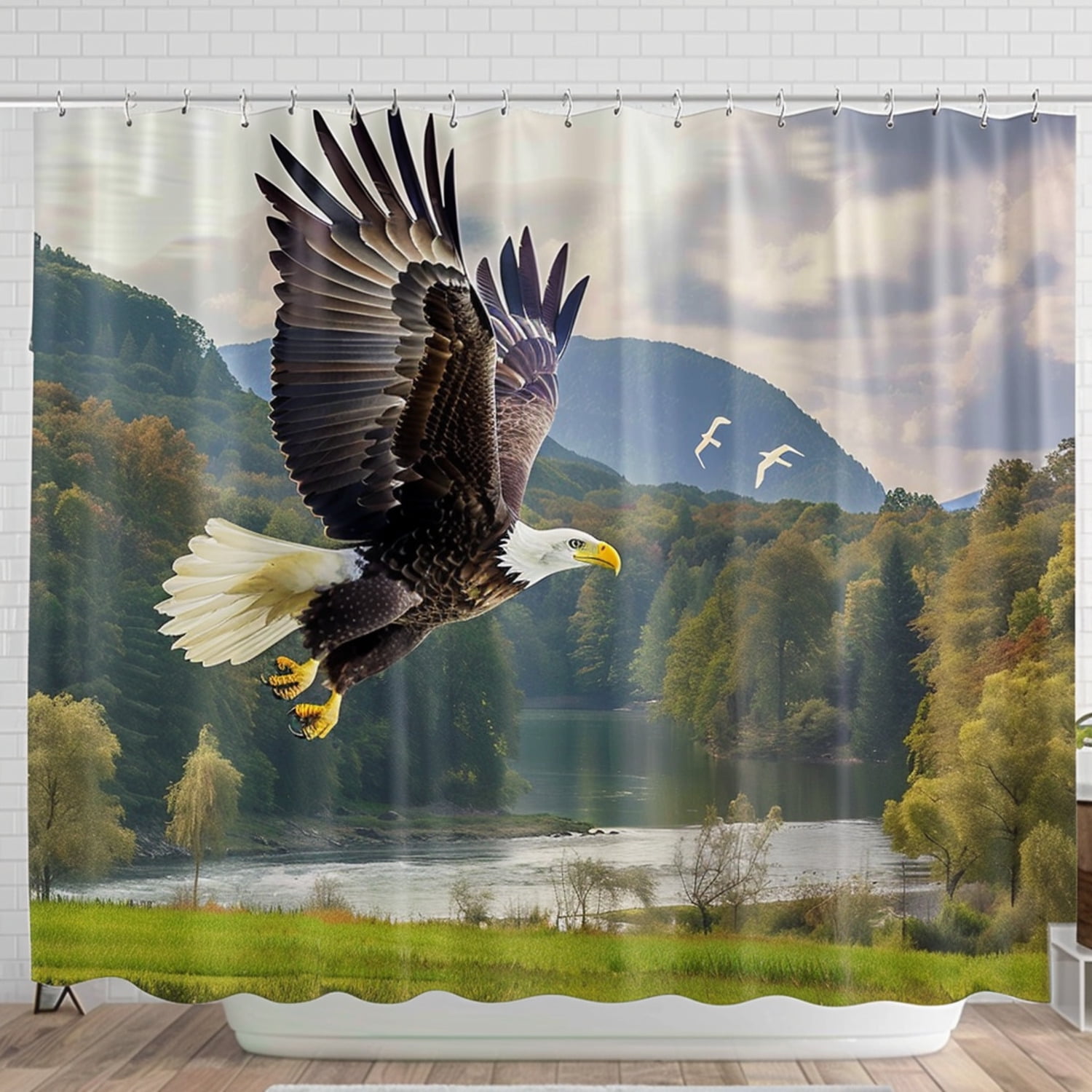 Bald Eagle Flying Over Valley Nature Scene Shower Curtain Forest Trees