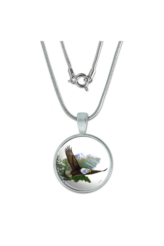 Bald Eagle Flying Over the Mountains Scenic 0.75" Pendant with Sterling Silver Plated Chain
