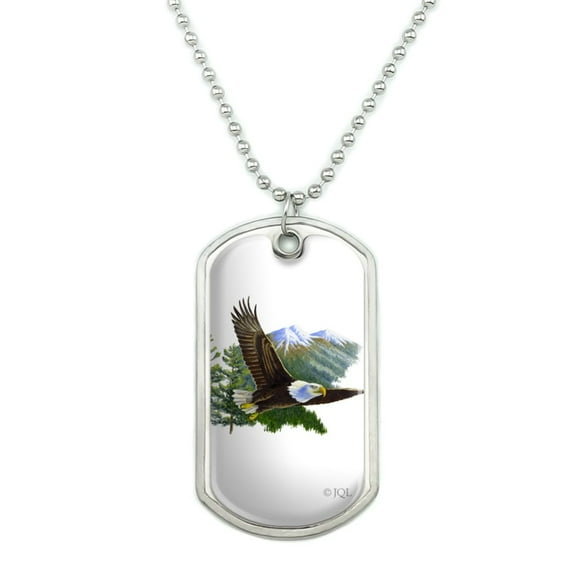 Bald Eagle Flying Over the Mountains Scenic Military Dog Tag Pendant Necklace with Chain