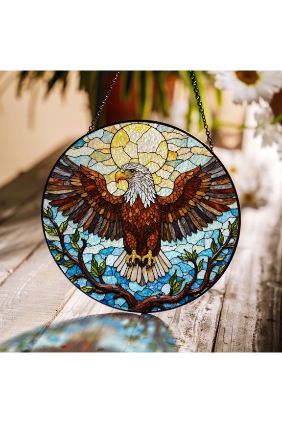 Bald Eagle Flying Through Sky Stained Glass Suncatcher Spiritual Window Decor Gift for Father