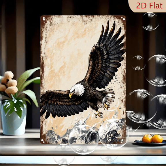 Bald Eagle Flying Over Turbulent Water, Vintage Rustic Metal Wall Art Sign, 8x12 Inches, Heroic American Symbol of Freedom Strength, Distressed Beige & Gray Decor for Home Office
