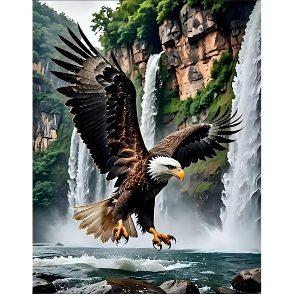 Bald Eagle Flying Over Waterfall Diamond Painting Kits for Adults, 5D Full Drill Majestic American Eagle Landscape Diamond Art, DIY Wildlife Nature Gem Painting Crafts for Home Wall Decor Gifts