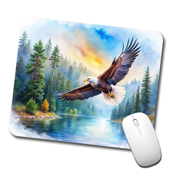 Bald Eagle Flying With Forest Lake Watercolor Mouse Pad Low Profile Gaming Mat
