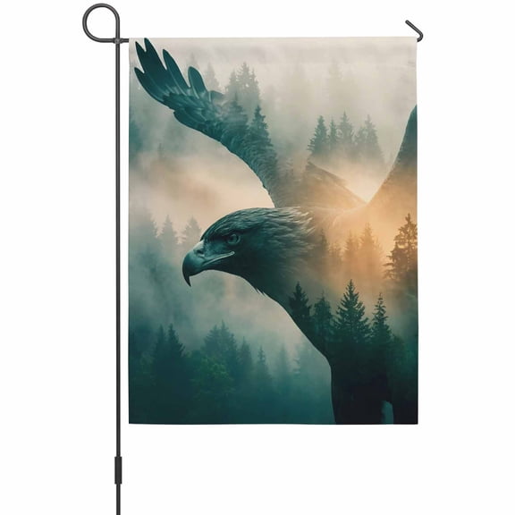 Bald Eagle Garden Flag 12 x 18 Inches, Vintage Misty Green Trees Eagle Head Sunset Weather Proof Outdoor Patio Flags Double Sided Small Garden Decoration for Yard Outside Home