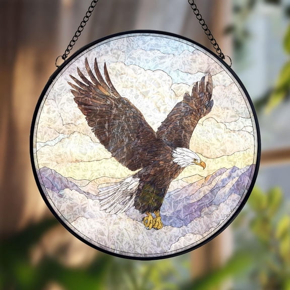 Bald Eagle Glass Suncatcher v7, Patriotic Mountain Window Art, Wildlife Home Decor, 7.9 in