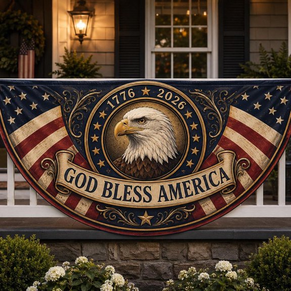 Bald Eagle Head Patriotic Bunting Flag Vintage God Bless America Banner Decor for US Military Veteran 2026 Semiquincentennial Memorial Gift