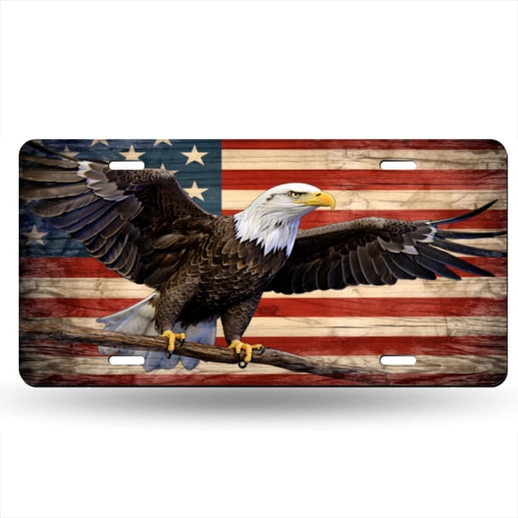 Bald Eagle Is Perched On Old Wooden Branch Decorative Signboard, Decorative Metal Plate with 4 Holes, 6x12inch Artistic Plate Frame