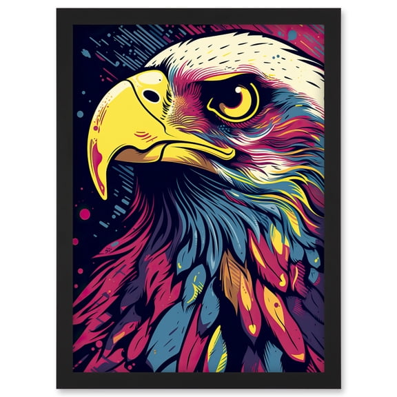 Bald Eagle Linocut Portrait Colourful Feathers USA Symbol Modern Pop Art Artwork Framed Wall Art Print A4