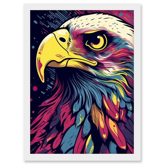 Bald Eagle Linocut Portrait Colourful Feathers USA Symbol Modern Pop Art Artwork Framed Wall Art Print A4