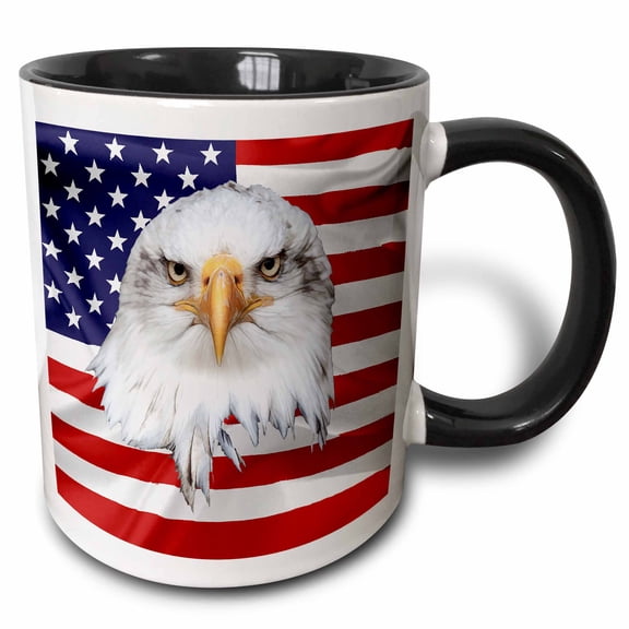 3drose, Bald Eagle Looks at You Over the American Flag. Nice Patriotic Gift, 11oz Two-tone Black Mug