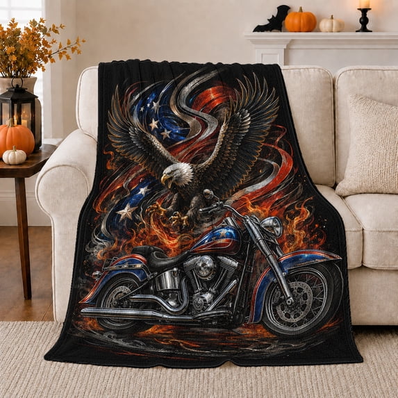 Bald Eagle Motorcycle American Flag Orange Flames Chrome Patriotic Ride Illustration Flannel Blanket For Motorcycle Fans Home Decor Warm Garage Living Room person's Day Gift