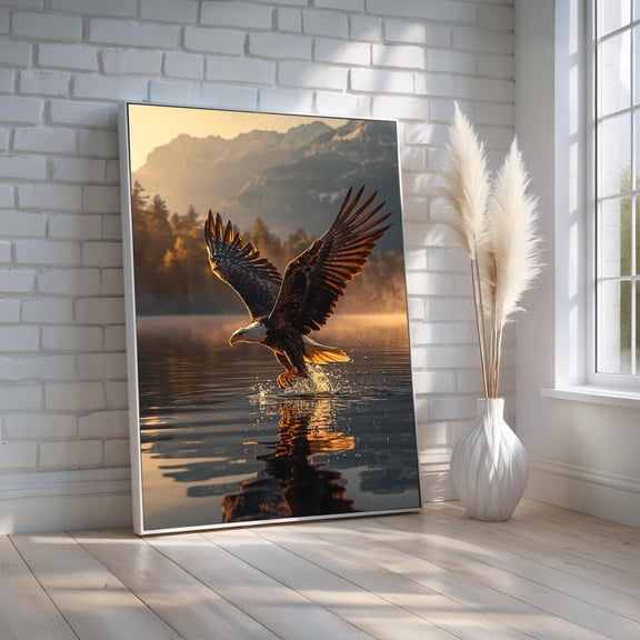 Bald Eagle Over Mountain Lake Majestic Wildlife Canvas Wall Art Freedom & Strength Nature Painting Rustic Cabin Decor Ready To Hang, Unframed Canvas Size 12x18