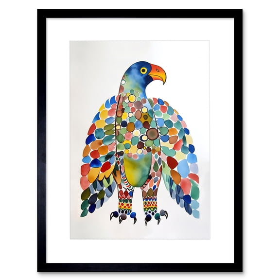 Bald Eagle Multicolour Pattern Portrait Folk Art Watercolour Painting Artwork Framed Print Wall Art 9X7 Inch