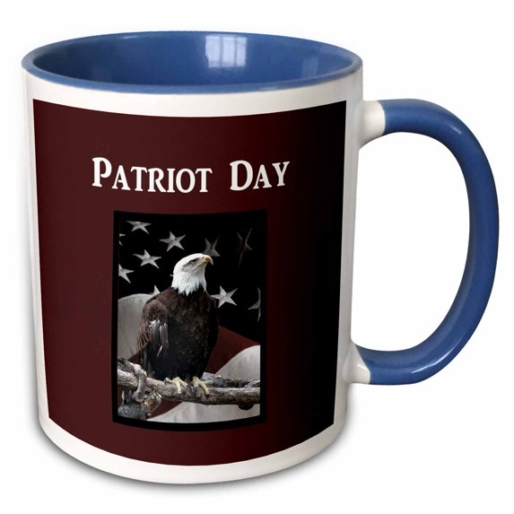 3drose, Bald Eagle on Log with American Flag, Patriot Day, 11oz Two-tone Blue Mug