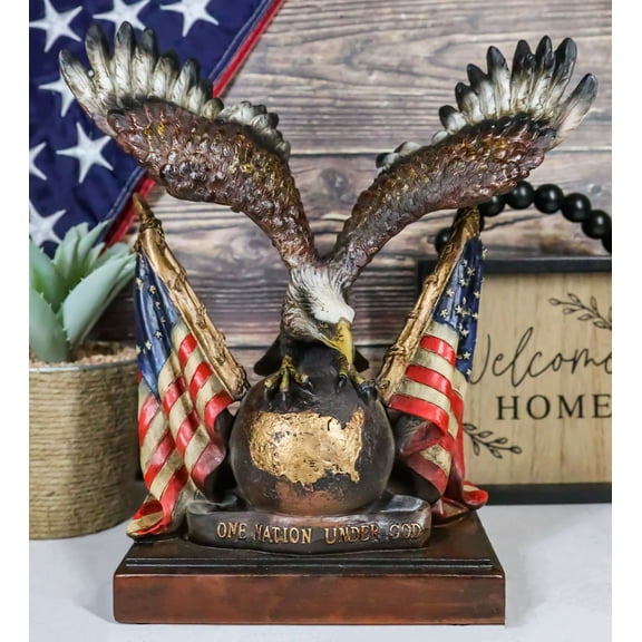 Bald Eagle On Map Of America Globe With 2 Flags Figurine One Nation Under God