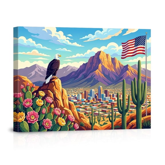 Bald Eagle Over Desert City With American Flag Southwest Cactus For Living Room Office Canvas