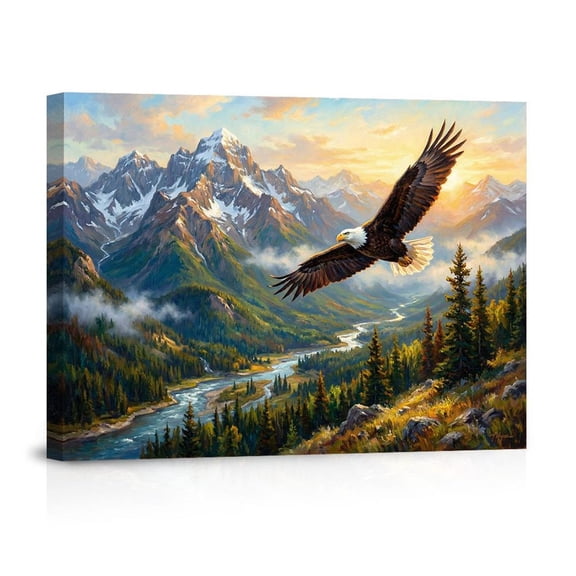 Bald Eagle Over Mountain Valley Majestic Wildlife Landscape Modern For Entryway Living Room Canvas