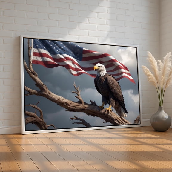 Bald Eagle Patriotic Wall Art | American Flag Canvas Poster For Veterans, Military, Or Usa Decor | Rustic Americana Freedom Artwork, Stretched Canvas Size 12x18