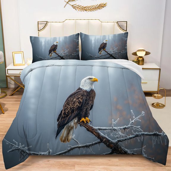 Bald Eagle Pattern Comforter Set 3D Eagle Perched on Tree Branch in Winter Landscape Quilted Bedding Set King Size Foggy Background Kids Adult Comforter with 2Pillowcases