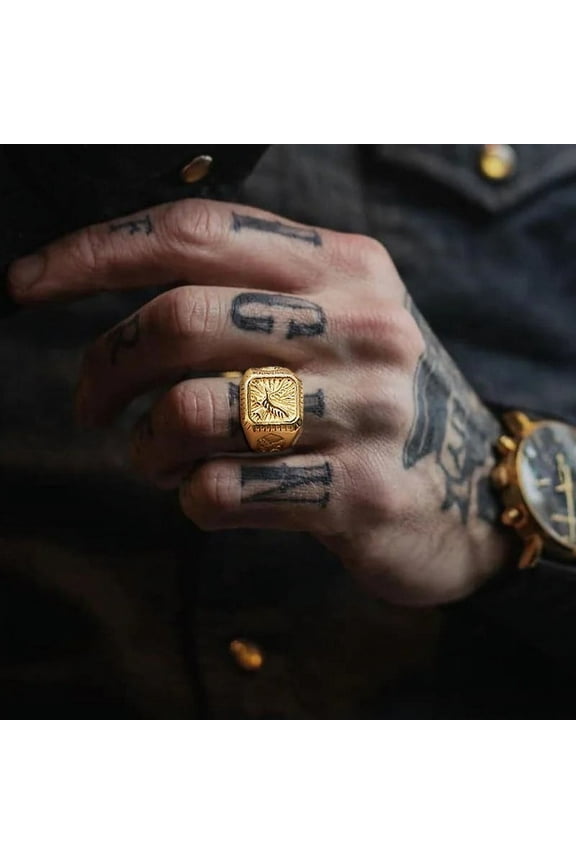 Bald Eagle Signet Ring For Men Birds Stamp Bird Rings 14K Yellow Gold Hawk Band Jewelry